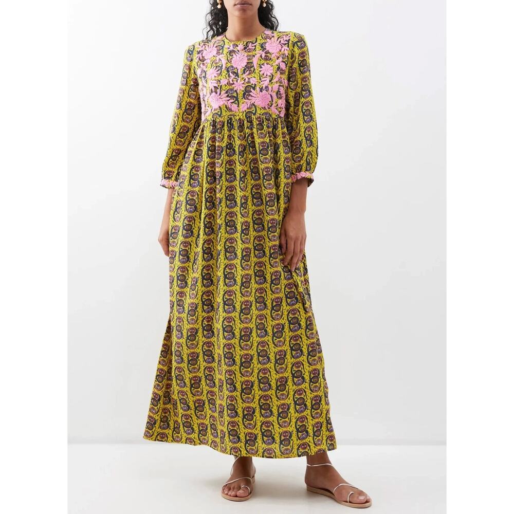 Muzungu Sisters Touba Yellow Embroidered Silk Bali Mask Dress Size Medium